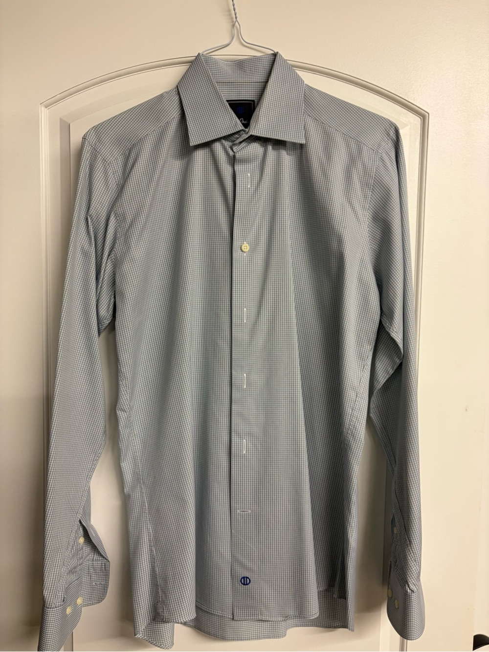 David Donahue Light Blue Micro-Check Dress Shirt 15.5 x 34/35 TRIM FIT